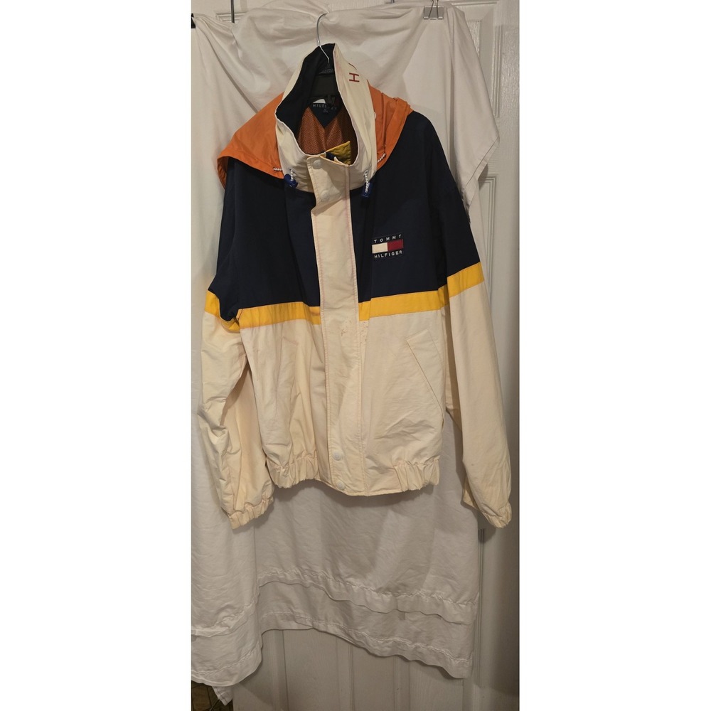 Vtg 90s Hilfiger Ski  Jacket Boating Coat Yellow Hooded Sailing Parka Mens XL‎
